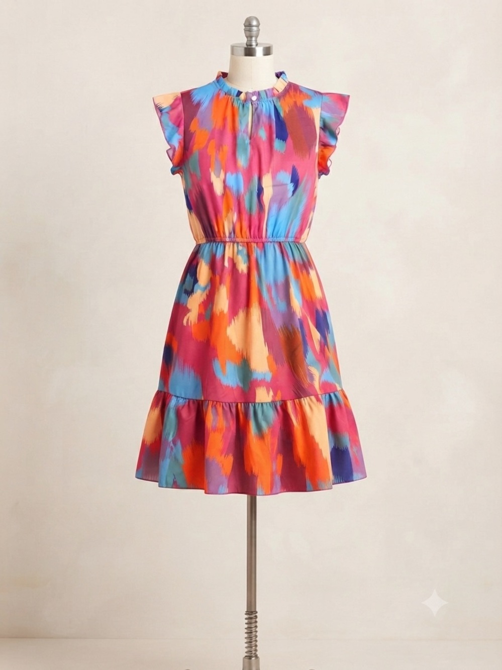 Vibrant Multicolor Brushstroke Midi Dress with Ruffle Hem Size XL